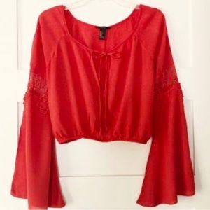 Forever 21 Orange Flame Cropped Bell Sleeves Boho Festival Top, M